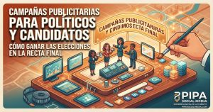 Equipo de candidatos políticos en campaña electoral analizando estrategias de marketing político y publicidad digital en Pipa Social Media